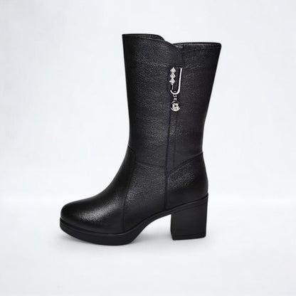 Women's Leather Mid Calf Block Heel Boots