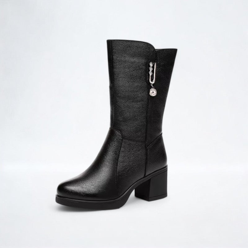 Women's Leather Mid Calf Block Heel Boots