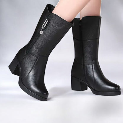 Women's Leather Mid Calf Block Heel Boots