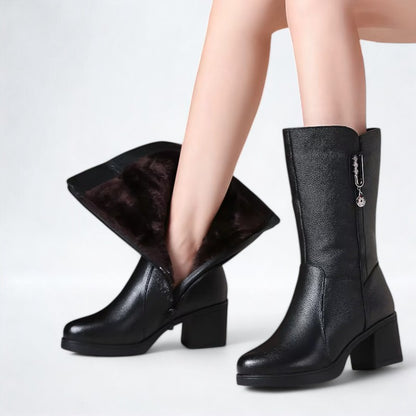 Women's Leather Mid Calf Block Heel Boots